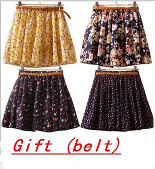 Super na moda mini saias plissadas chiffon floral com cinto